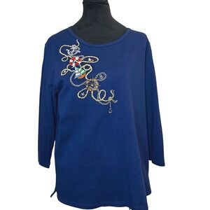 Women's QUACKER FACTORY Nautical Quarter Sleeves Blouse Navy Top Anchor SZ L